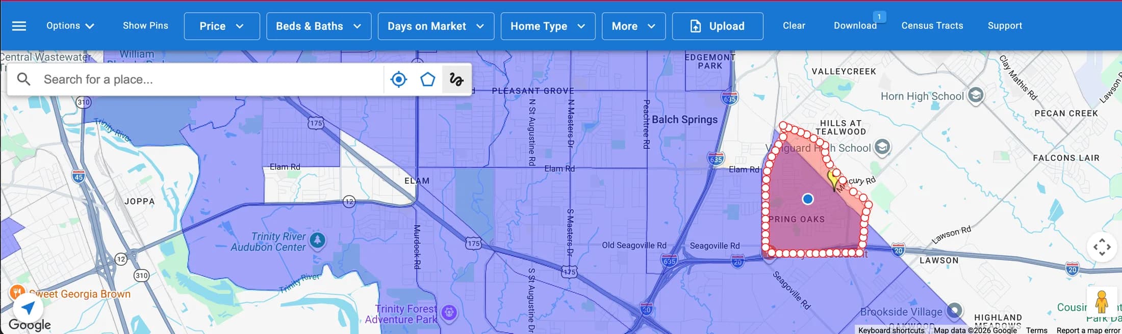 Target listing area drawn over colored Census Tract overlays.
