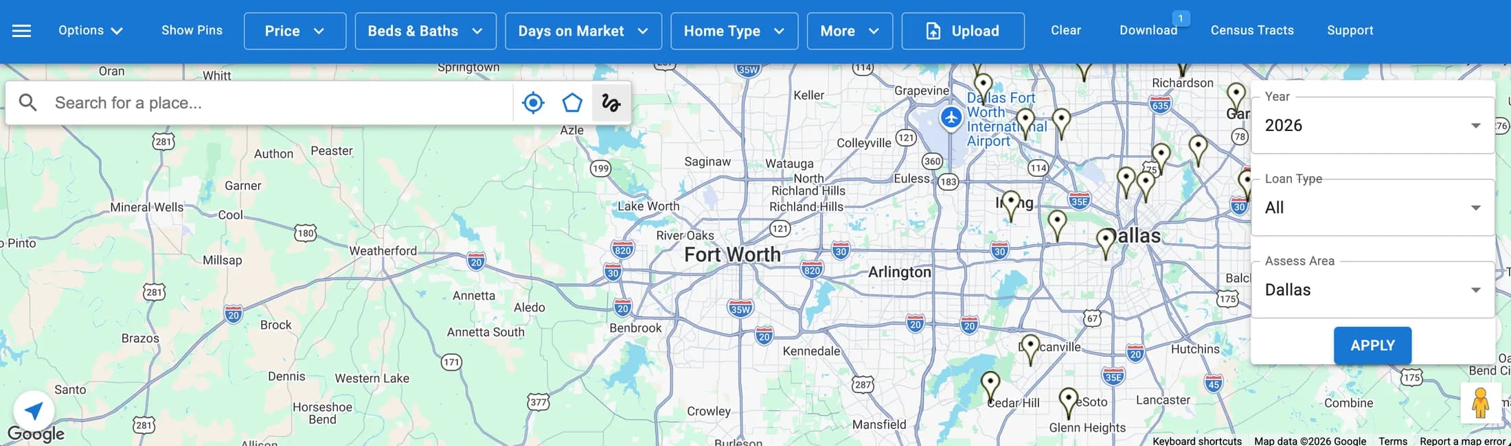Loan activity map with pins and Year, Loan Type, and Assess Area filters.