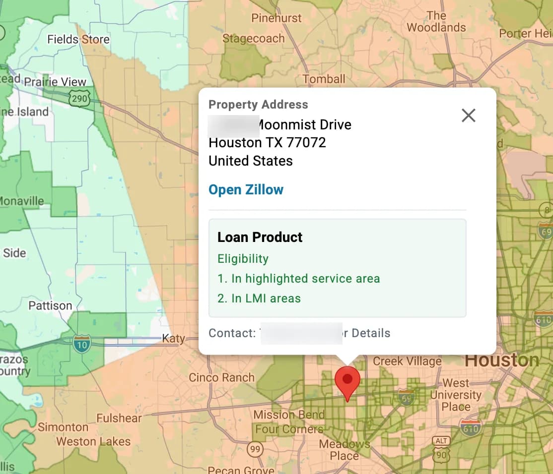 Shared Open Map with a selected property, service-area overlays, Loan Product eligibility information, and a privacy-treated contact line.